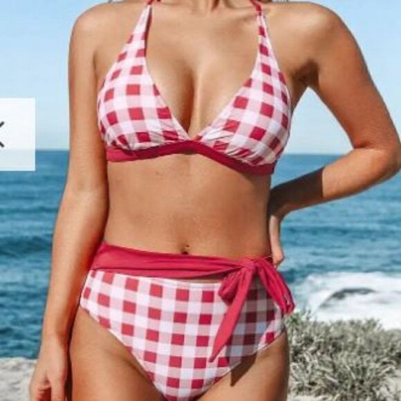 Red Gingham Triangle top Belted bikini by Cupshe size Lrg - Picture 1 of 2